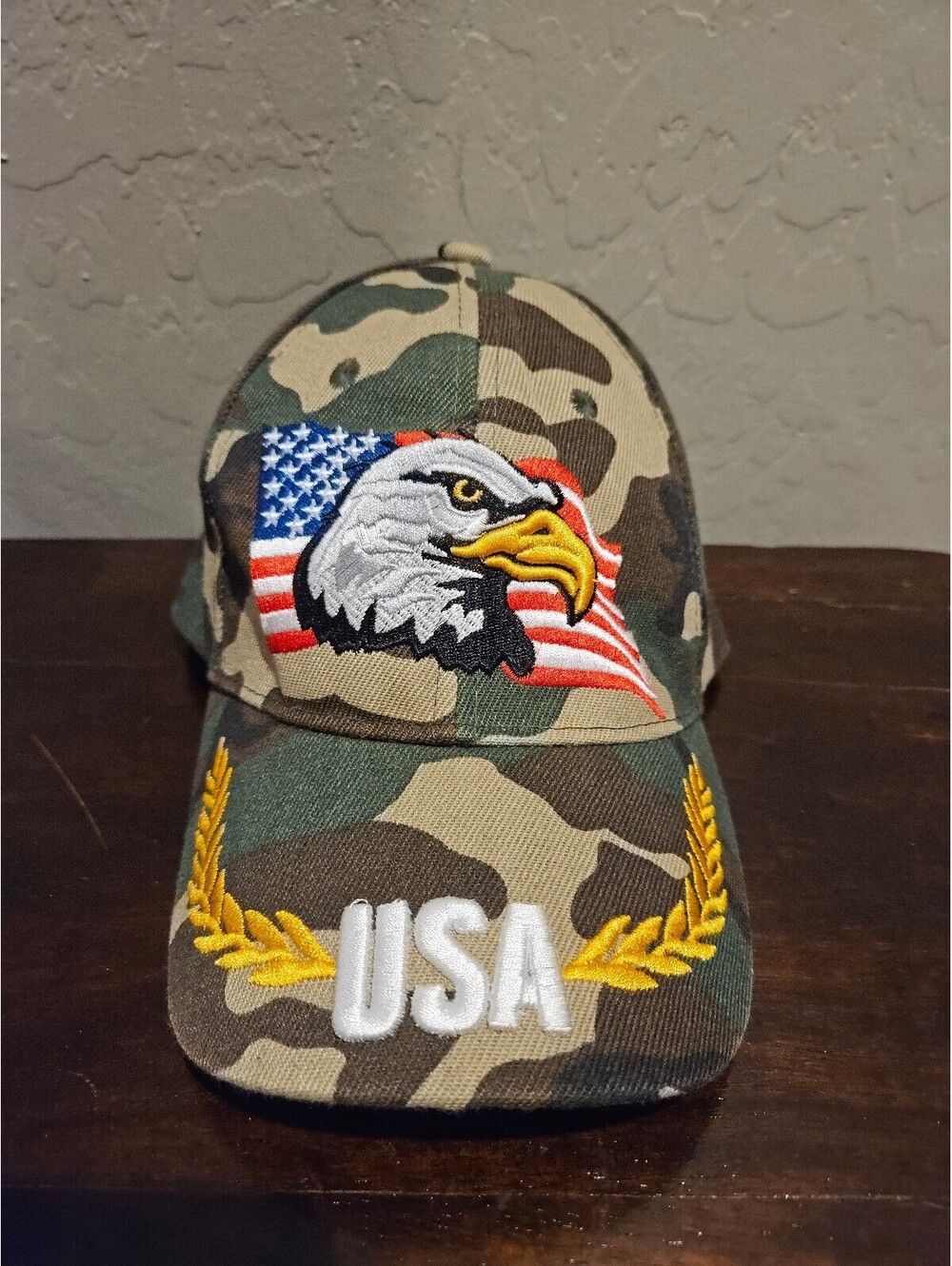 Camouflage Embroidered American Flag and Bald Eagle Ballcap